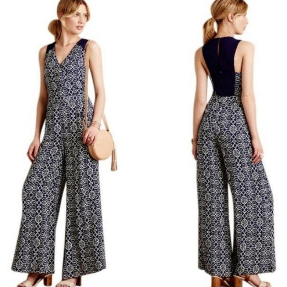 Elevenses by Anthropologie Audra Navy Wide Leg Jumpsuit